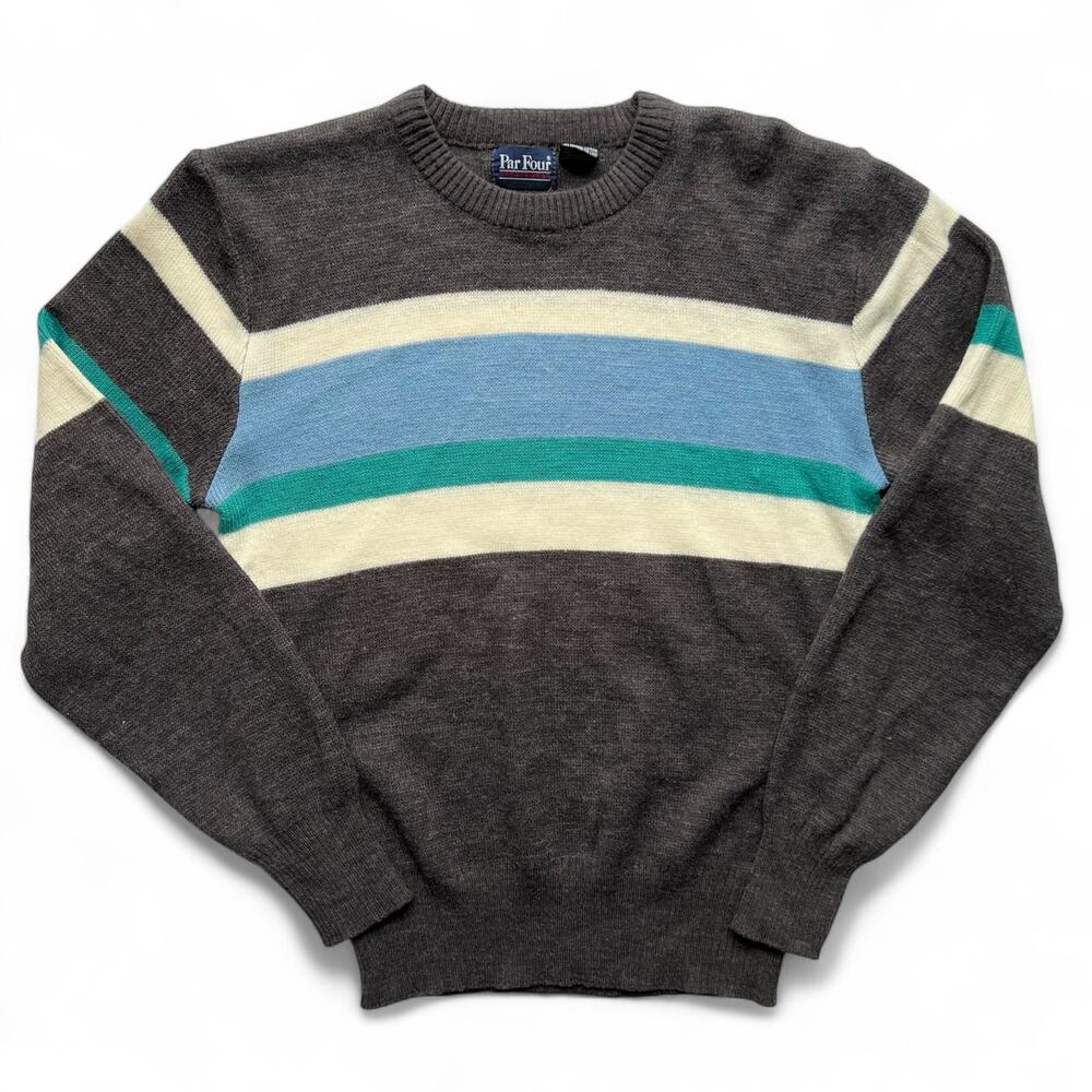 Vintage Par Four Gray Blue Teal White Striped Pattern Knit Sweater M Preppy 80s